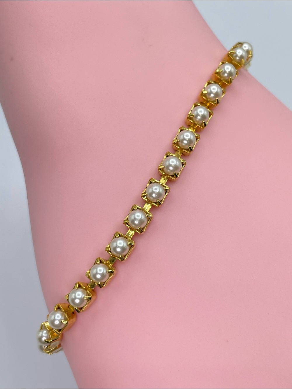 Gold Tone Faux Pearl Tennis Bracelet Classic Elegant Link Bracelet Vintage Style